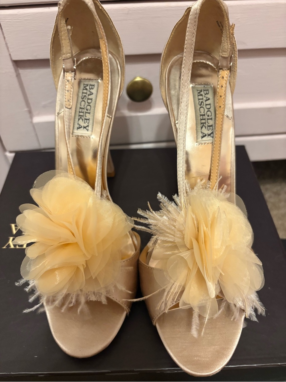 Badgley Mischka Champagne Satin Peep-Toe Heels with Floral Pom